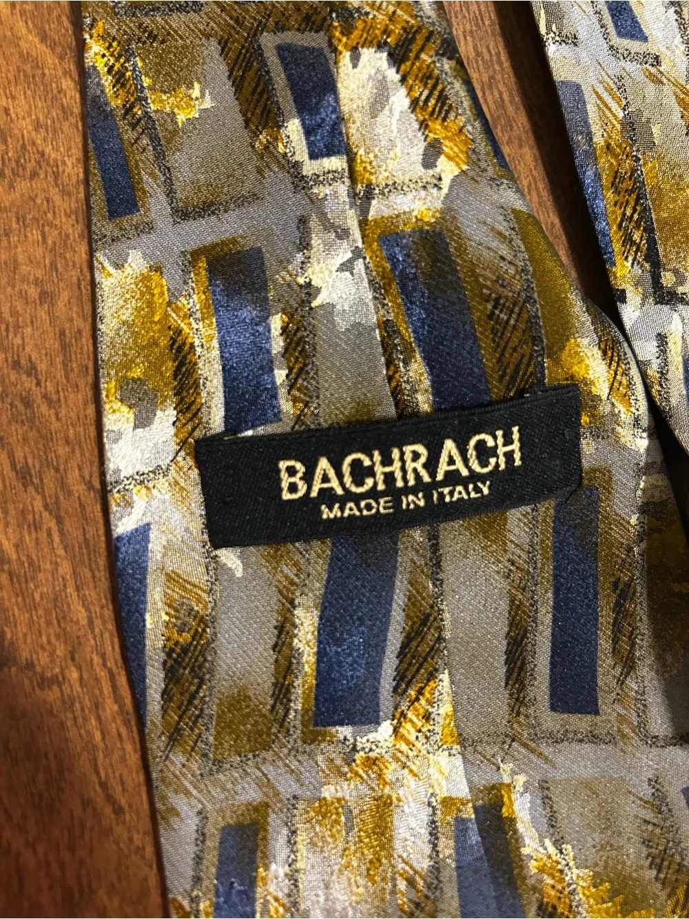 Bachrach 100% Silk Geometric Pattern Men's Tie in Blue and Gold